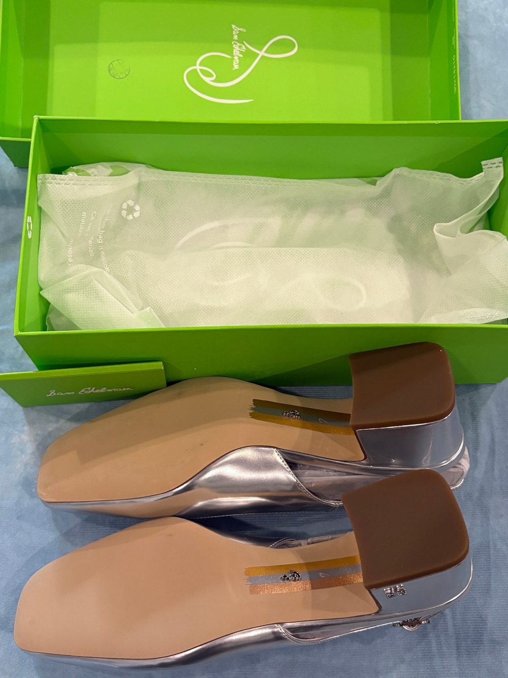NWT Sam Edelman Terra Silver Metallic leather Slingback Block Heels Size 7 - Picture 4 of 4